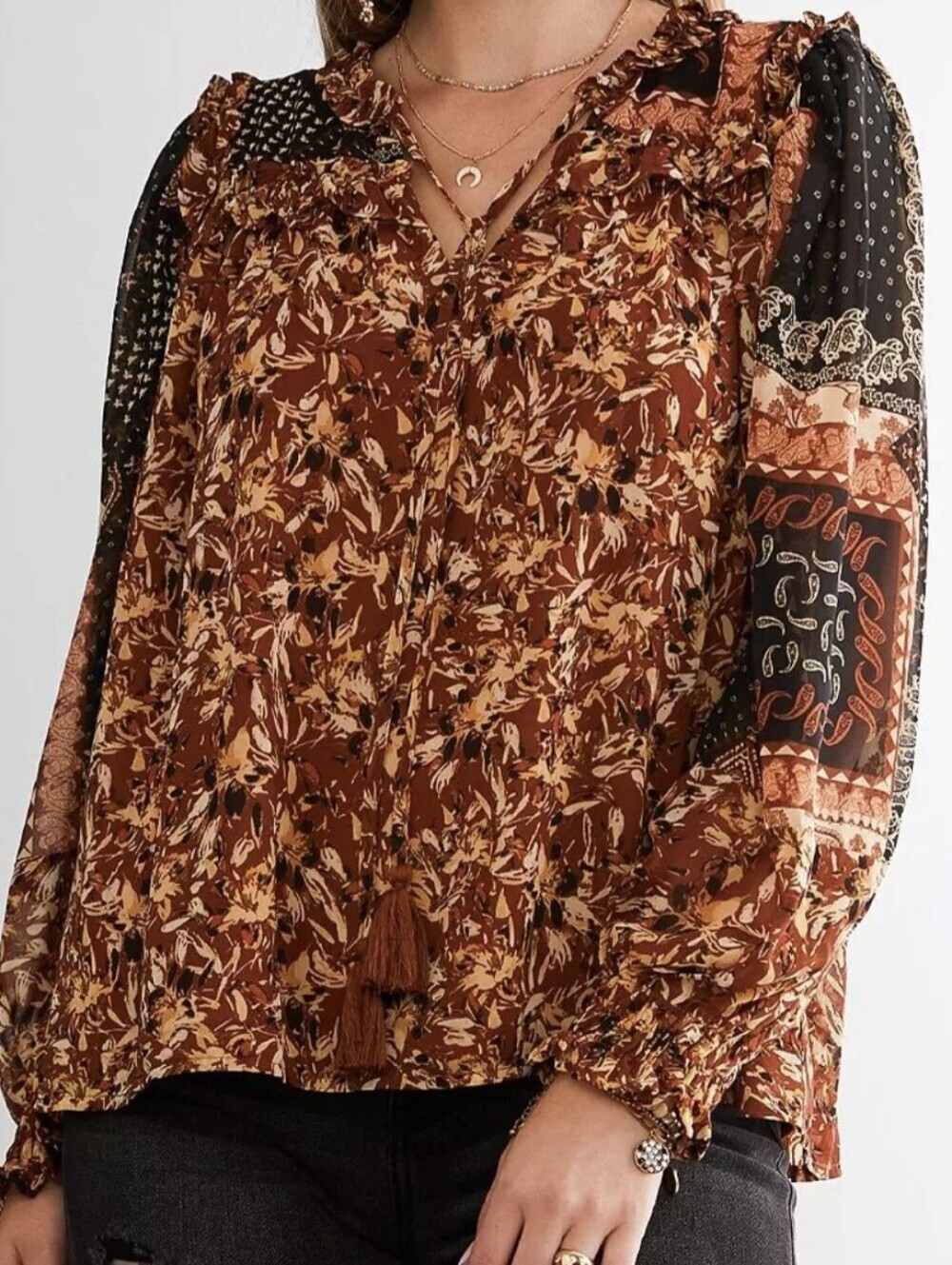Miss Me Paisley Bohi Rust Color Mix Printed Woven Top - Picture 3 of 11